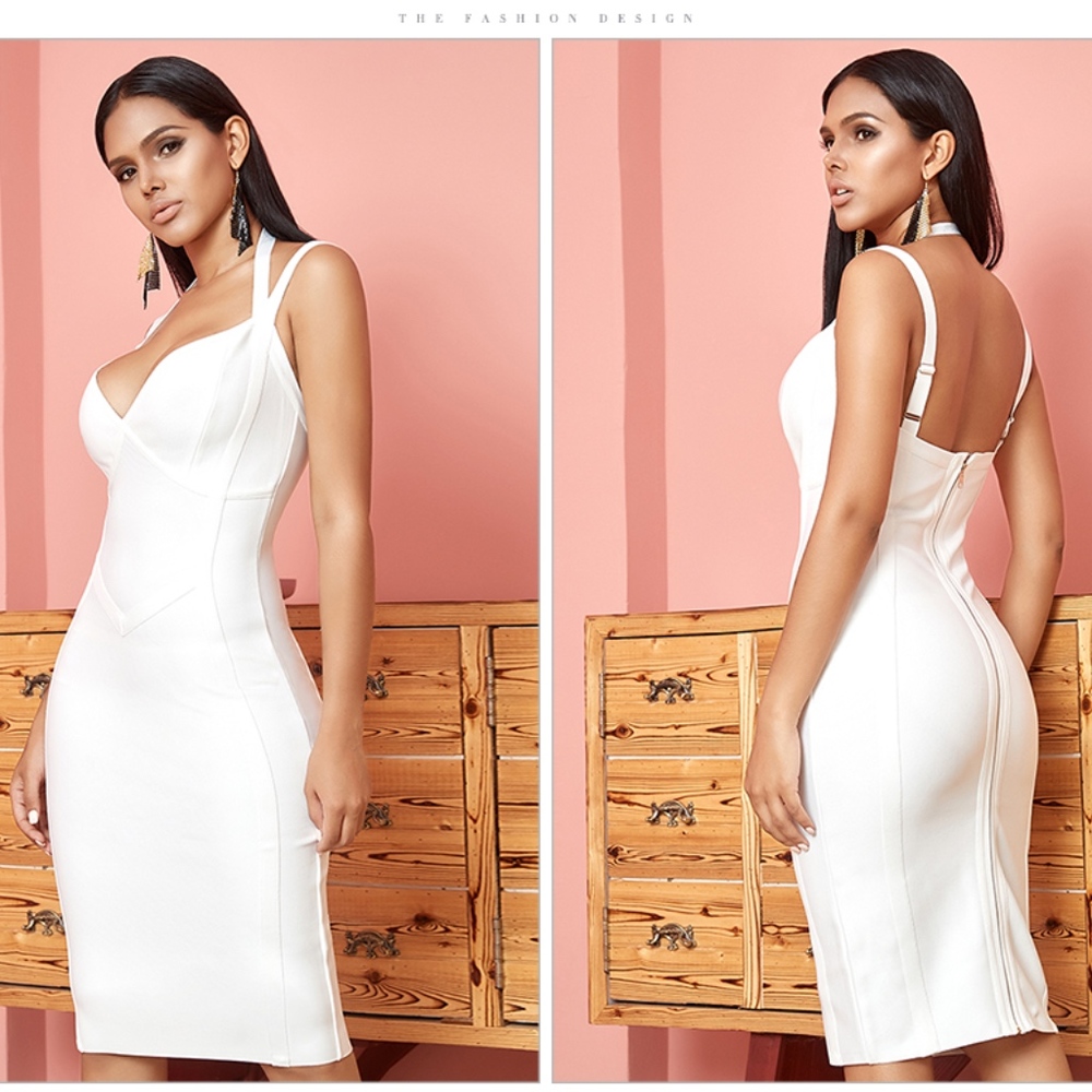🎥 Bandage V-Neck Strappy Midi Dress in White - Picture 8 of 16
